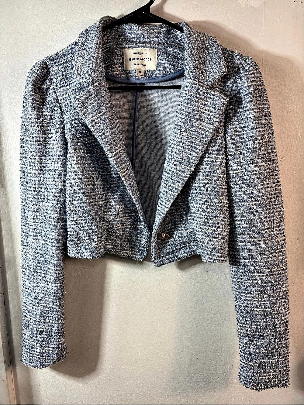 Haute Monde Boucle Cropped Blazer in Blue & White Size Small Like New